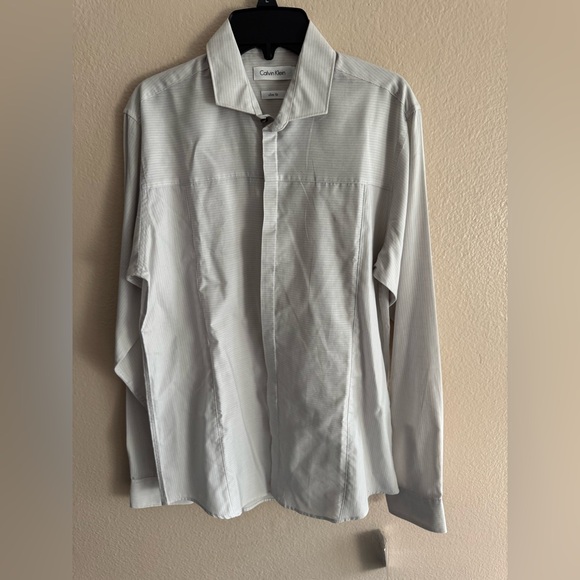 Calvin Klein Slim Fit button down grey and white striped Dress shirt - size 18 - Picture 1 of 7